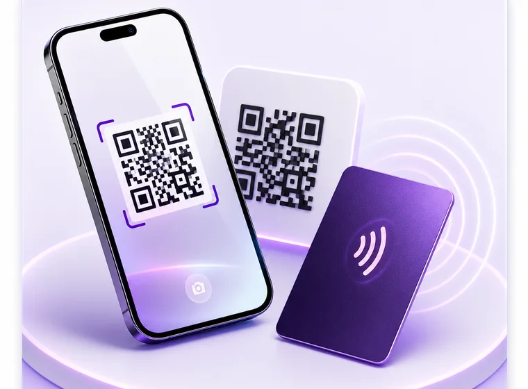 Phone scanning a QR code beside a purple NFC card