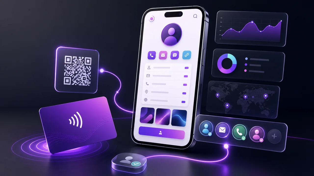 Zapped phone profile, QR code, NFC card, and contact activity preview