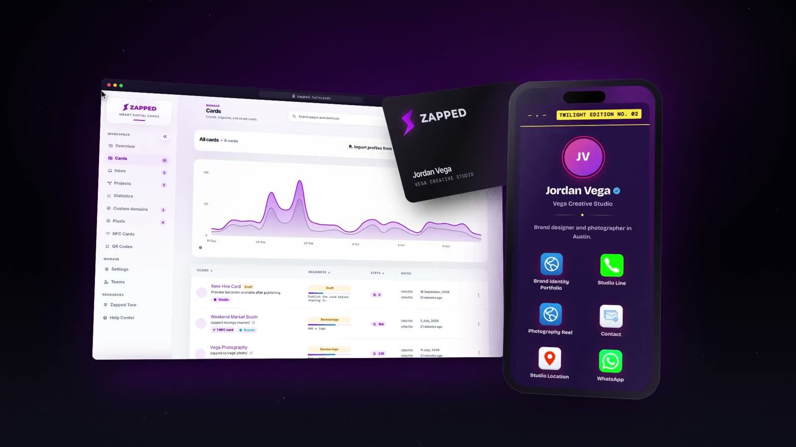 Zapped dashboard, metal NFC card and a digital business card on a phone
