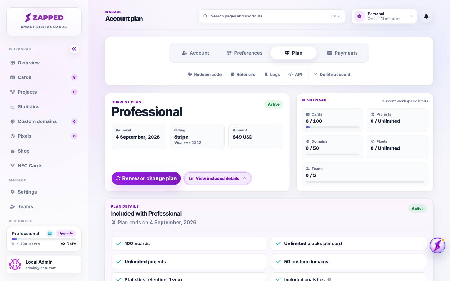 Fictional Zapped Plan page with plan limits and account actions.