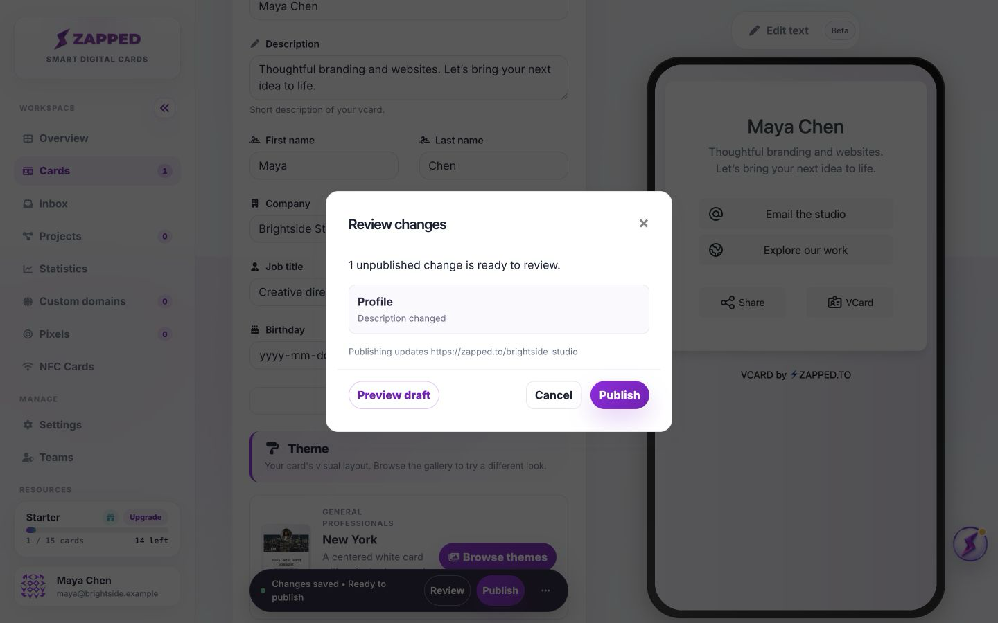 Review changes dialog showing unpublished draft changes and Preview draft before Publish