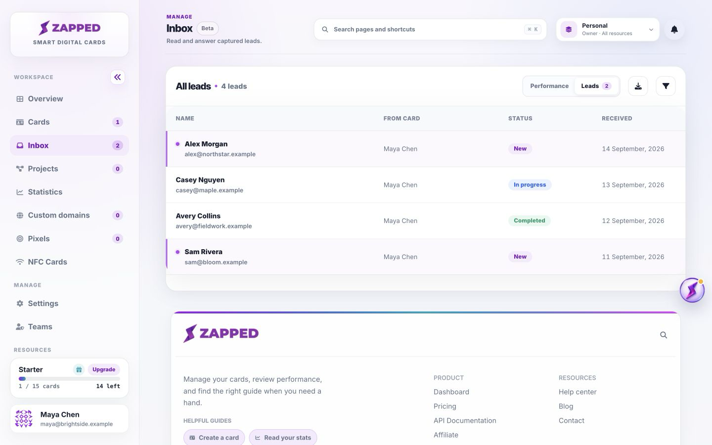 Manage Inbox, export leads and understand retention in the Zapped editor