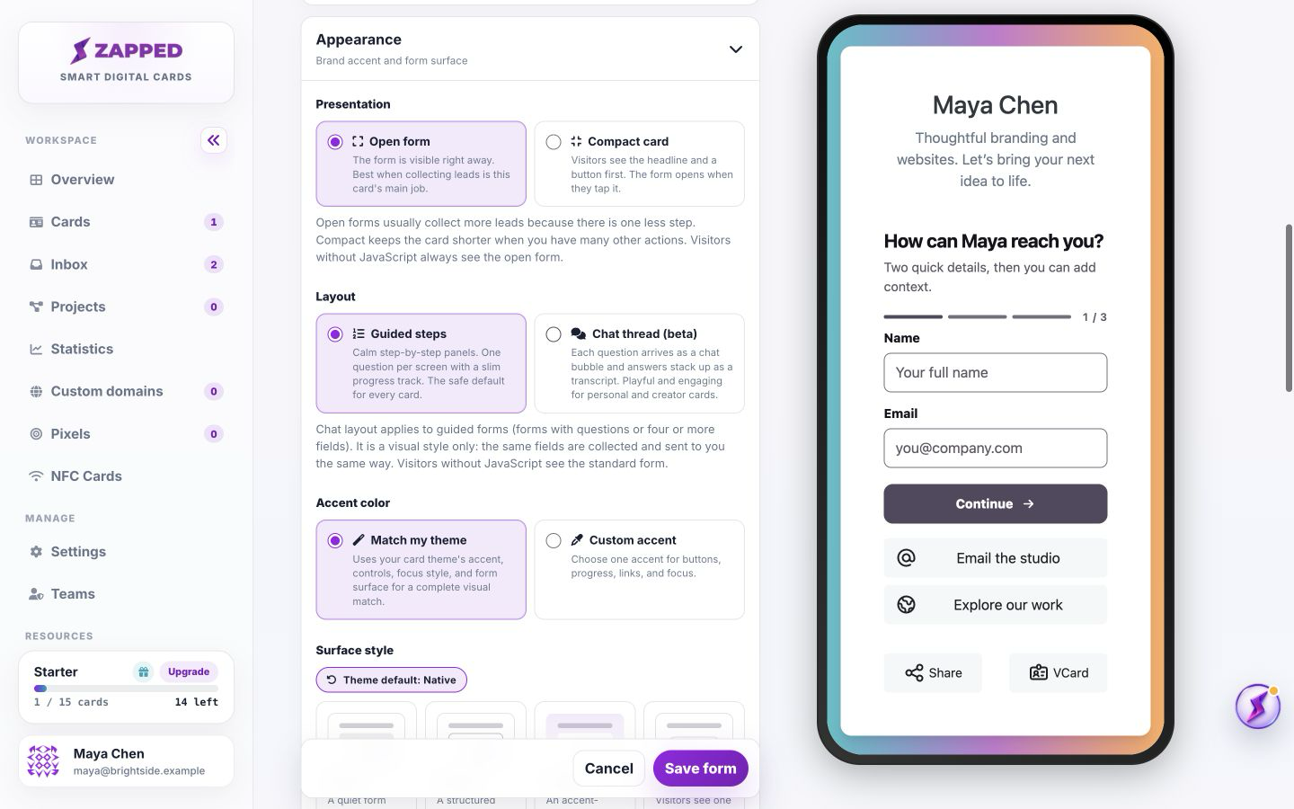 Choose a lead form layout and appearance with fictional demo data