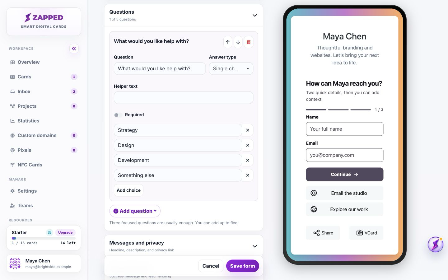 Customize contact details and lead questions with fictional demo data