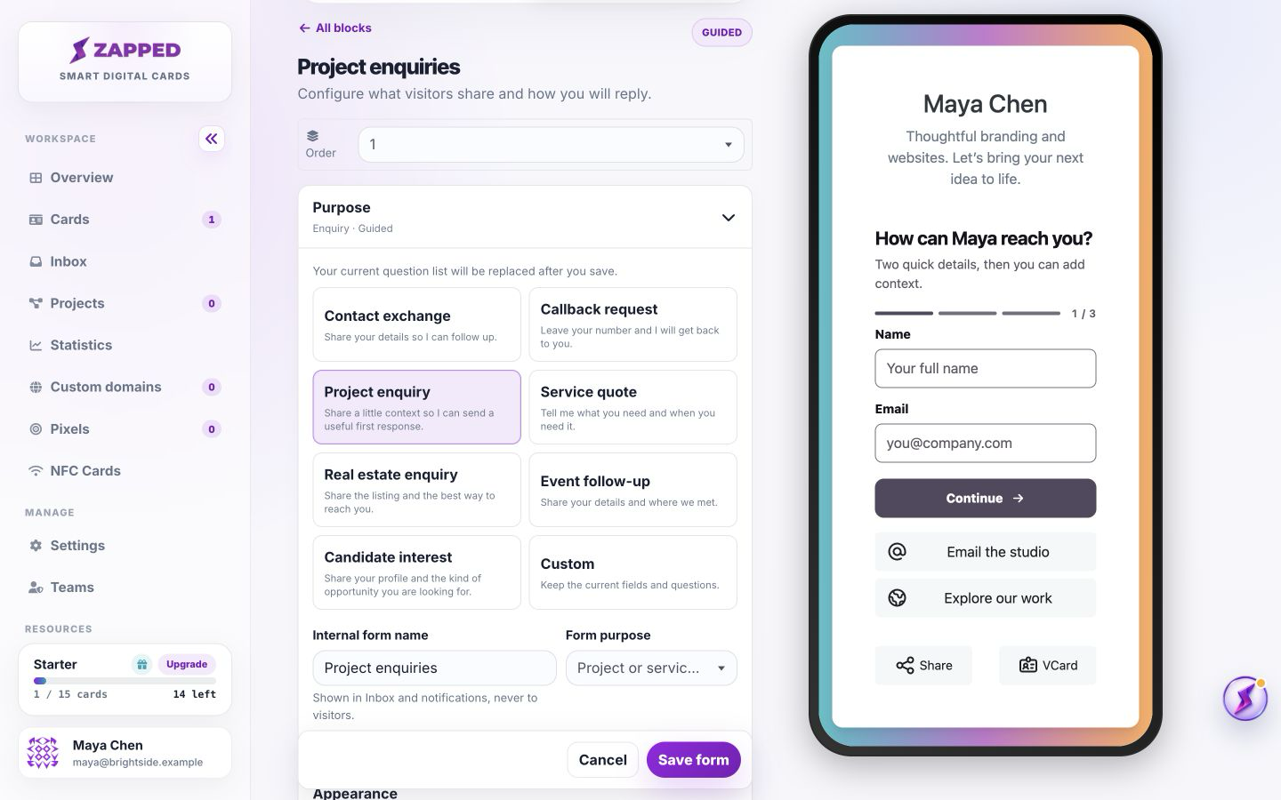 Add a lead form to your card in the Zapped editor