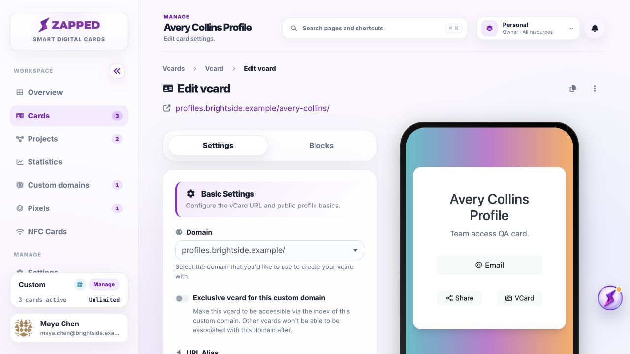 Fictional Zapped vCard editor with settings sections and preview.