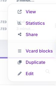 Zapped card action menu for an Editor showing View, Statistics, Share, Vcard blocks, Duplicate, and Edit actions