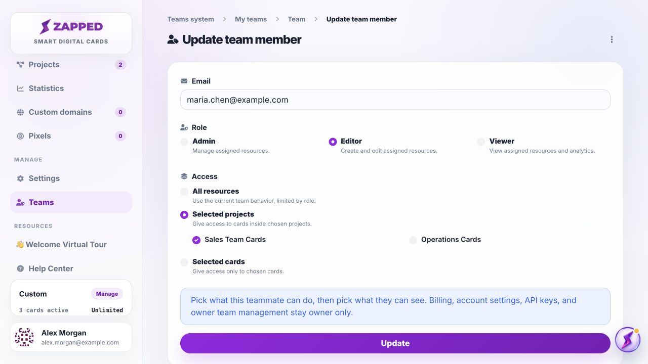 Zapped team member update form with Maria Chen as an Editor and Selected projects access for Sales Team Cards