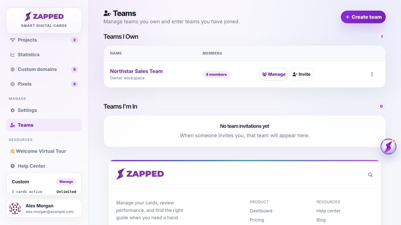 Zapped Teams page showing the Teams left menu item, a Northstar Sales Team owner workspace, and the Teams I am In section