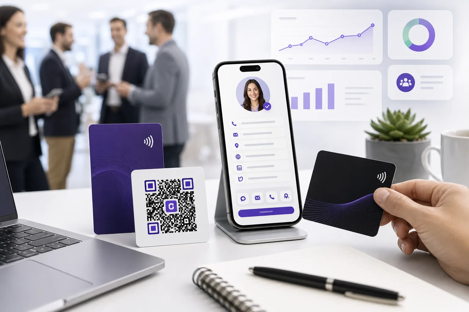 Digital business card sharing with a phone, QR code, and NFC card