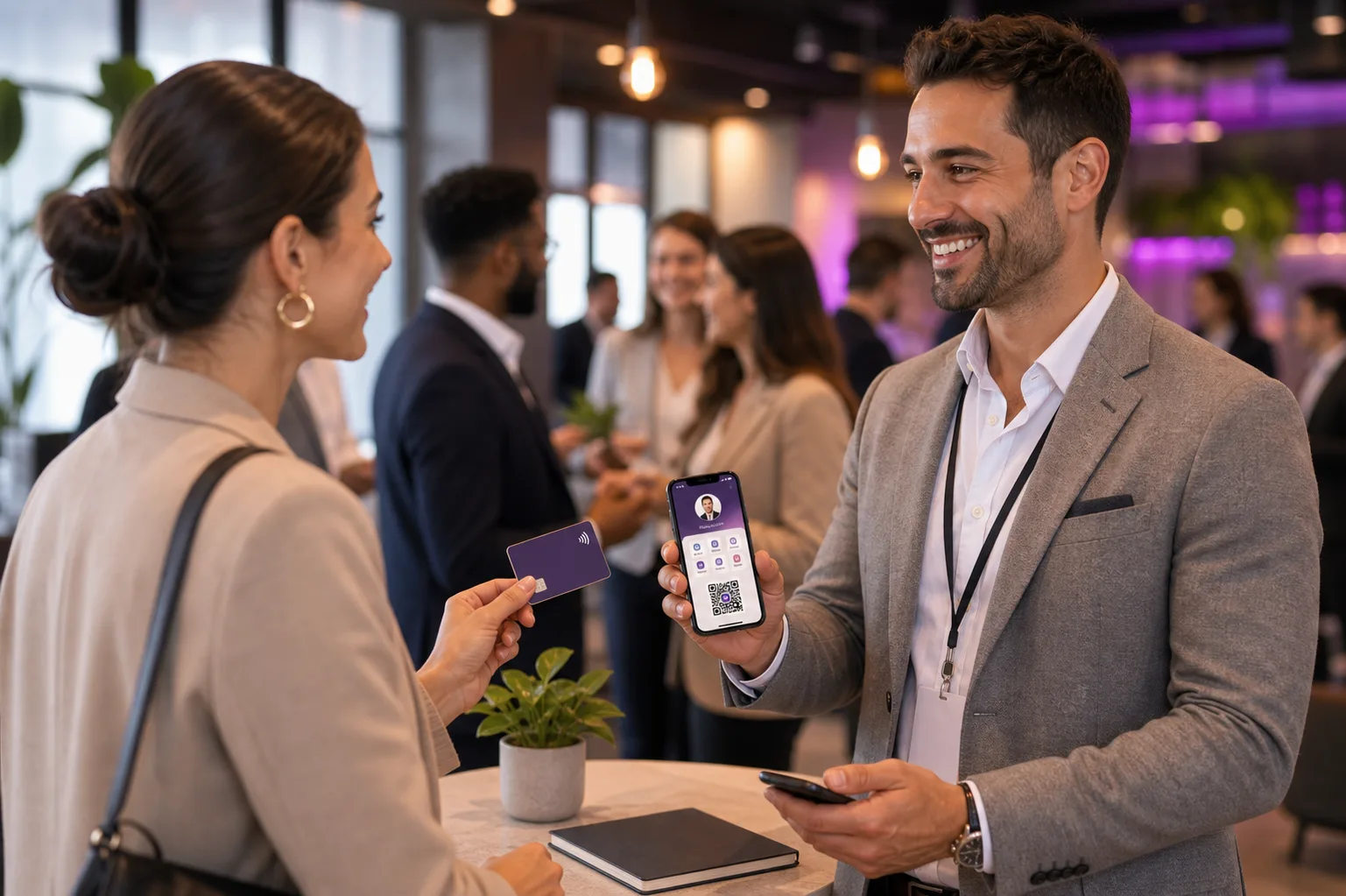Networking event scene with digital business card sharing and contact capture