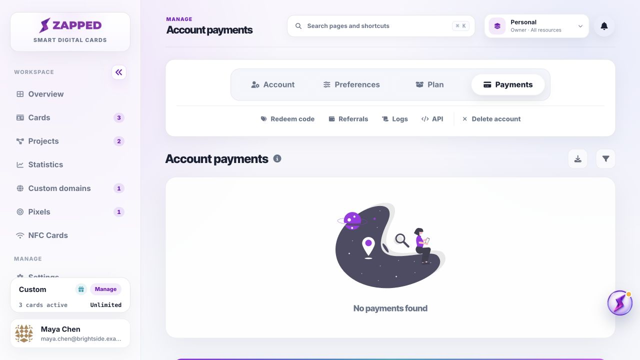 Fictional Zapped Payments page with masked sample billing records.
