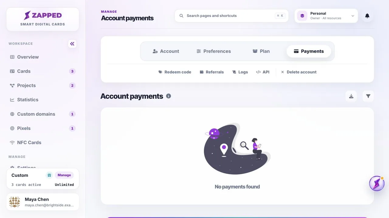Fictional Zapped Payments page with masked sample billing records.