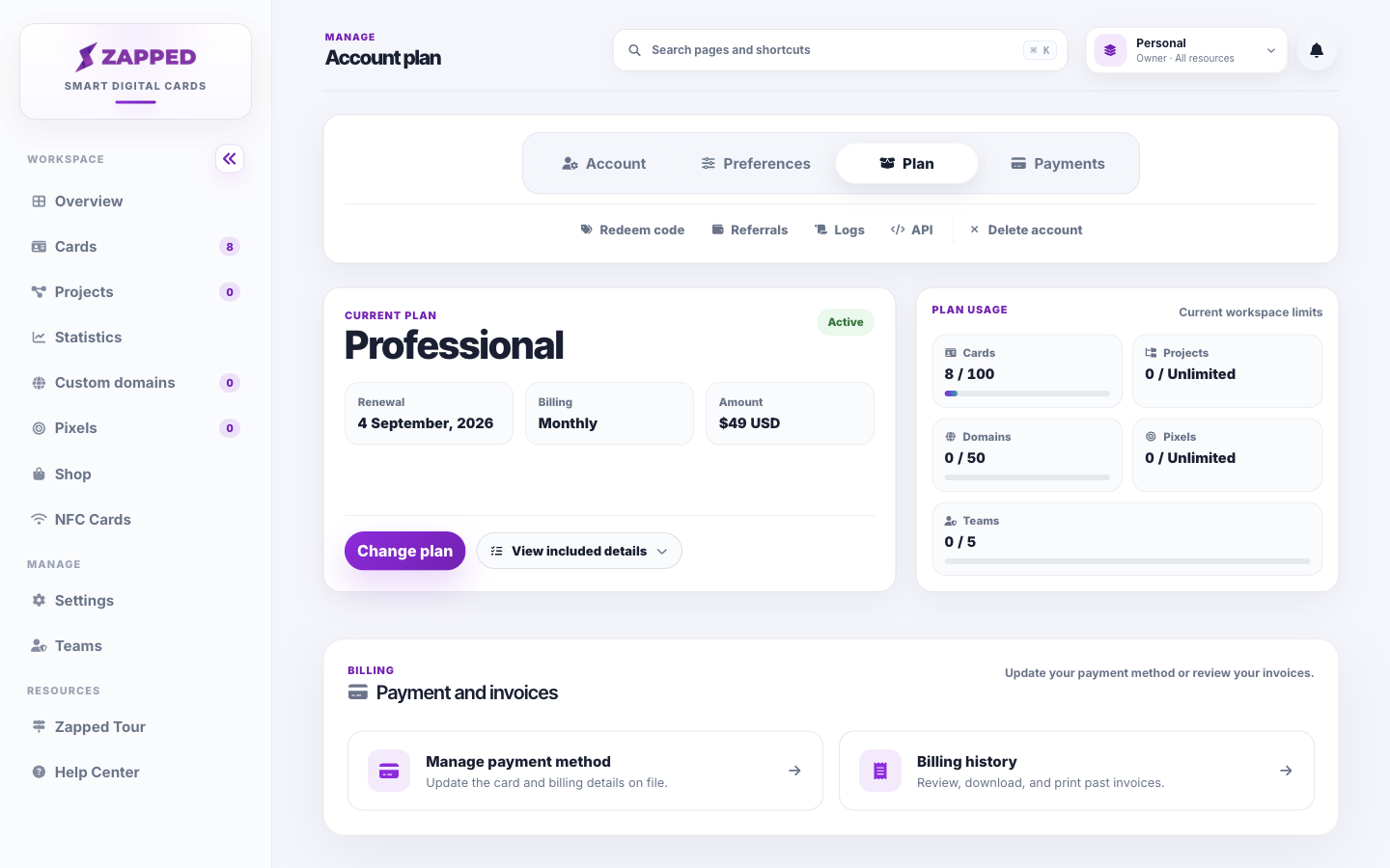 Fictional Zapped Plan page showing Payment and invoices with Manage payment method.
