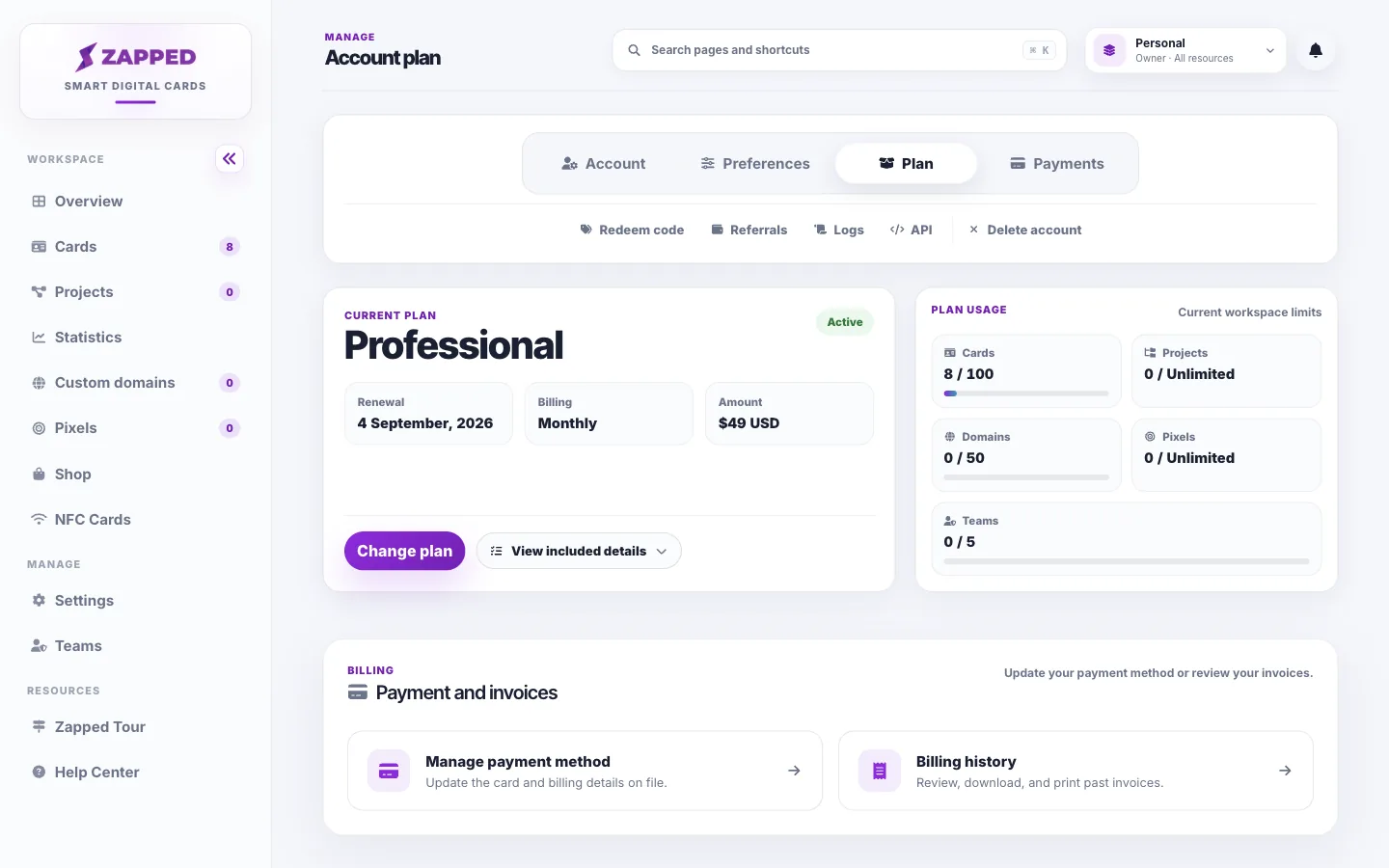 Fictional Zapped Plan page showing Payment and invoices with Manage payment method.