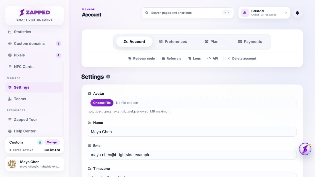 Fictional Account settings page for Maya Chen.