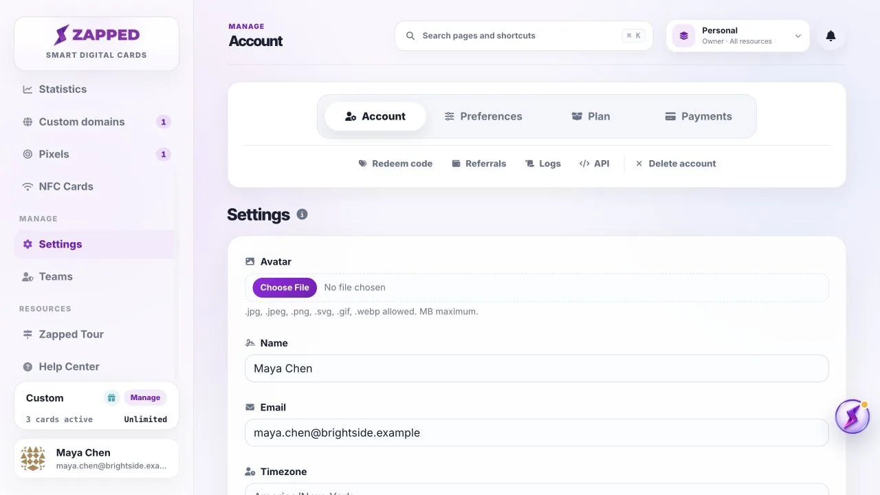 Fictional Account settings page for Maya Chen.