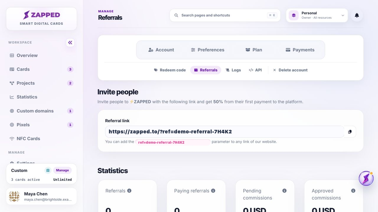 Fictional Zapped Referrals page with a masked sample referral link.