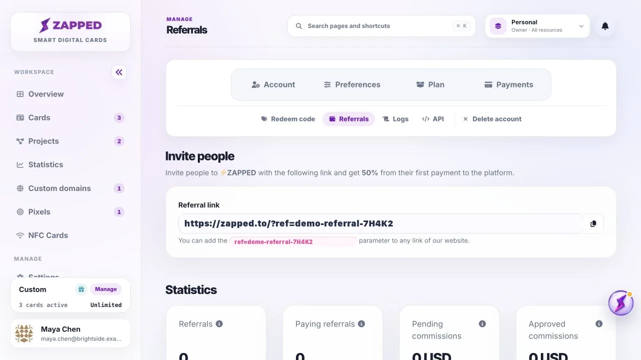 Fictional Zapped Referrals page with a masked sample referral link.
