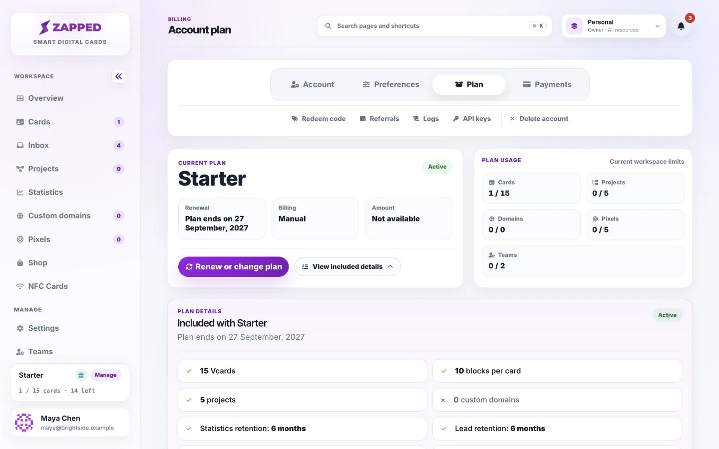 Plan details and account allowances in Zapped