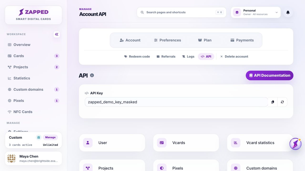 Fictional Zapped API page showing a fully masked sample key.