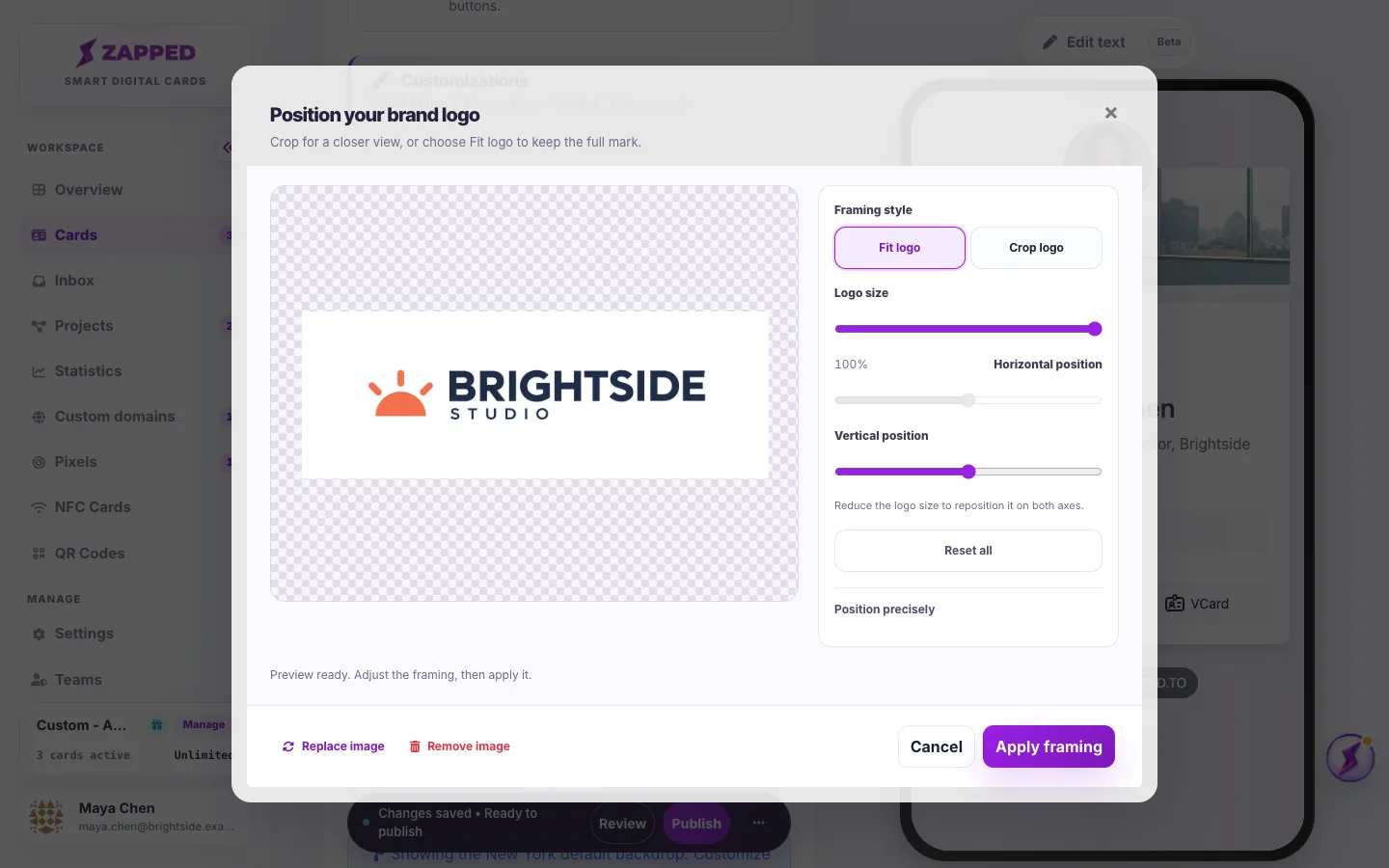 The Position your brand logo window with Fit logo selected and a wide demo wordmark shown in full