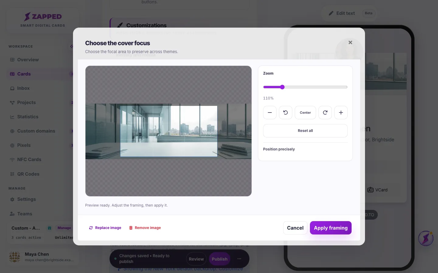 The Choose the cover focus window with a wide frame placed over a demo office image
