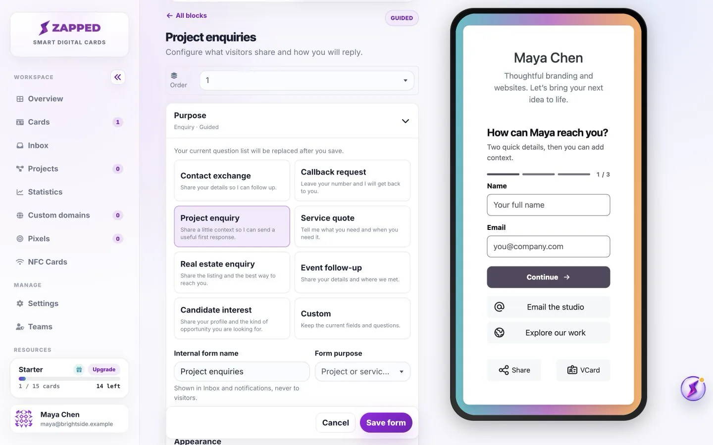 Add a lead form to your card in the Zapped editor