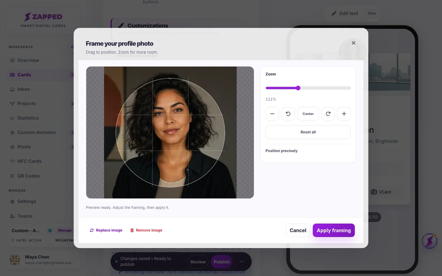 The Frame your profile photo window with a circular guide, zoom slider, rotate buttons and Apply framing