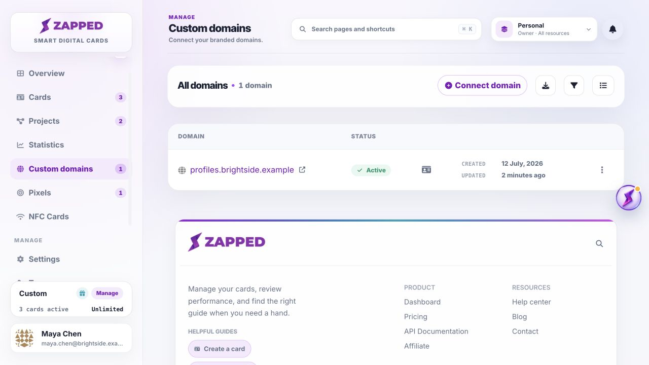 Fictional Custom domains page listing profiles.brightside.example.