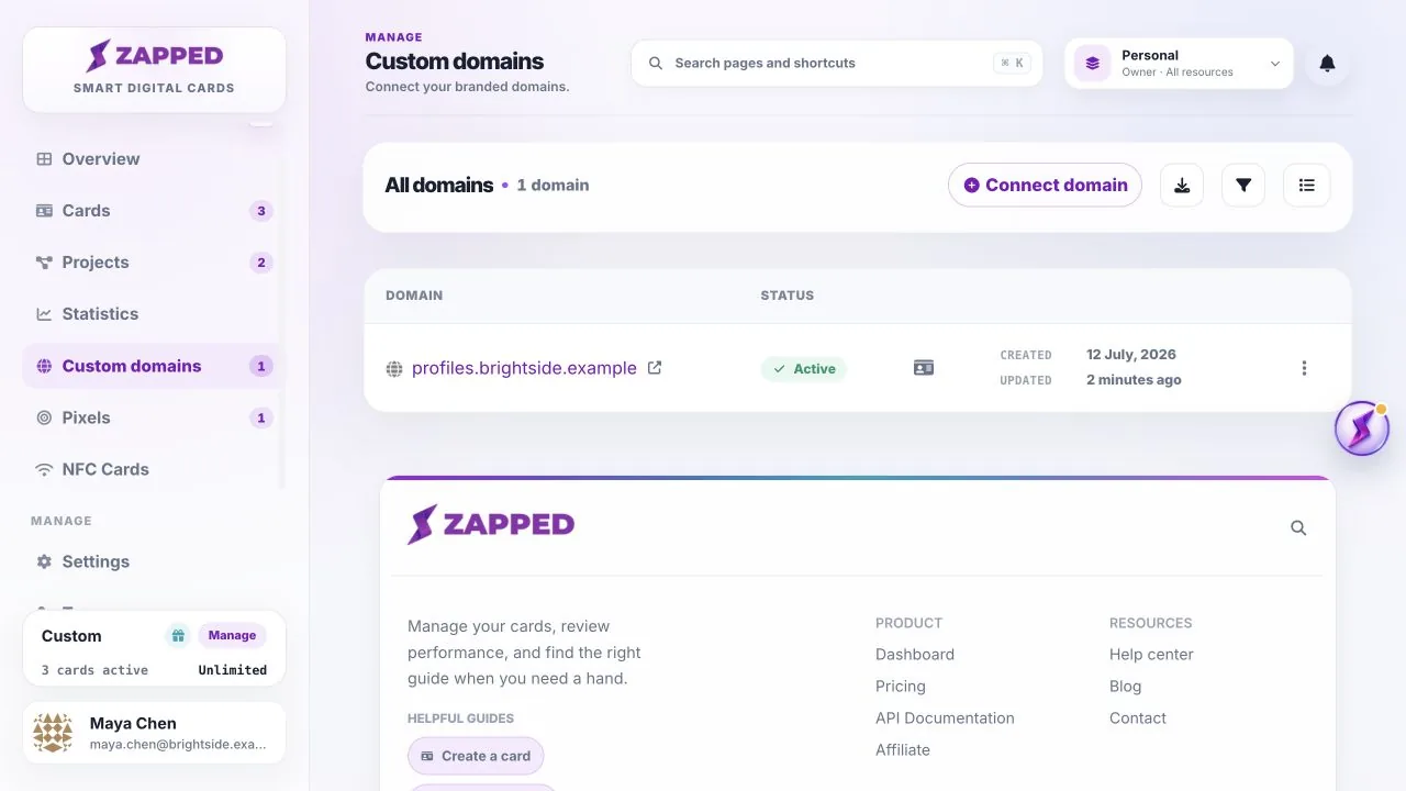 Fictional Custom domains page listing profiles.brightside.example.