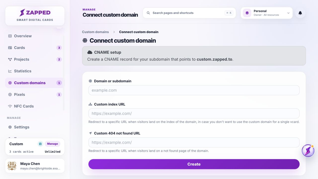 Fictional Connect custom domain form showing a branded subdomain.