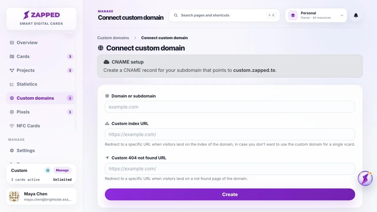 Fictional Connect custom domain form showing a branded subdomain.