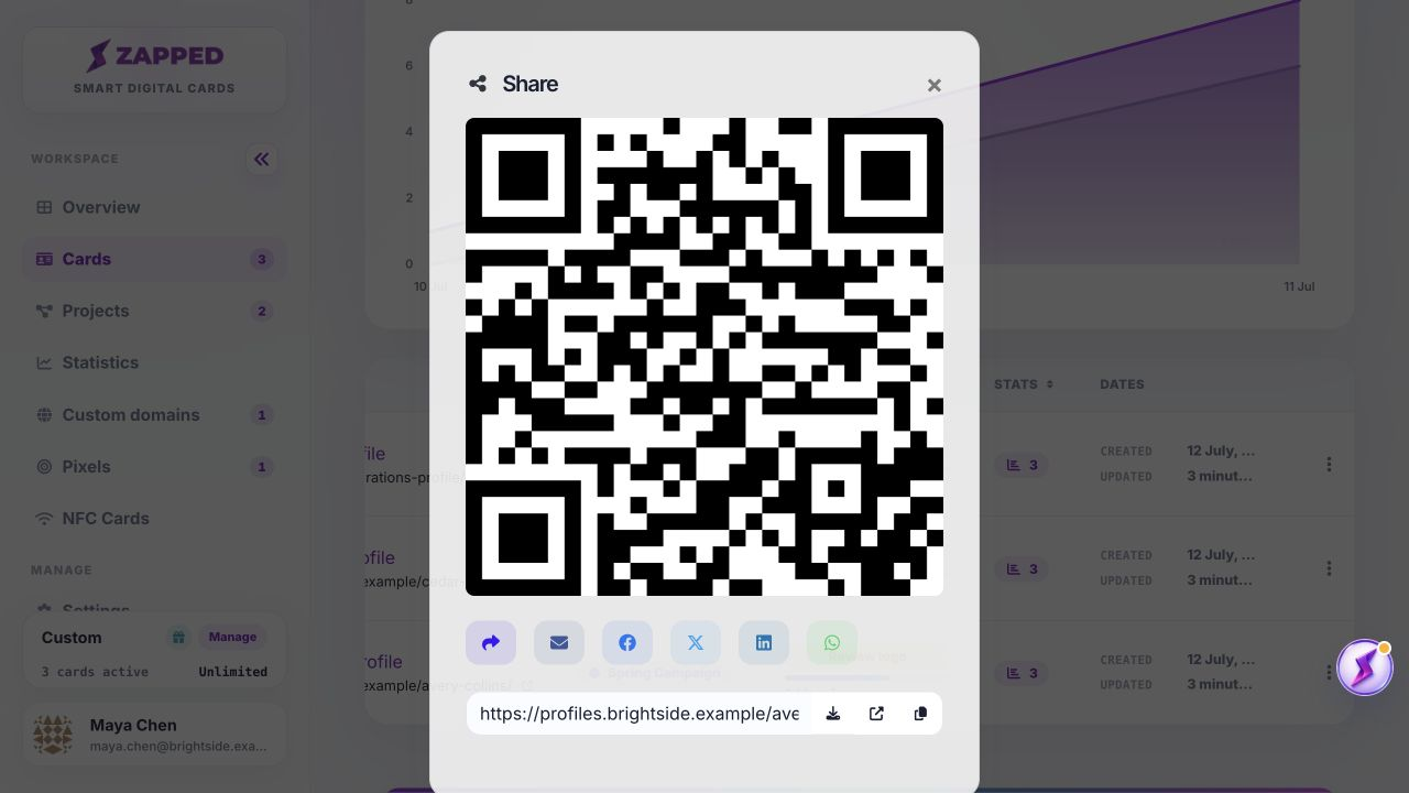 Fictional vCard action menu with QR code selected.