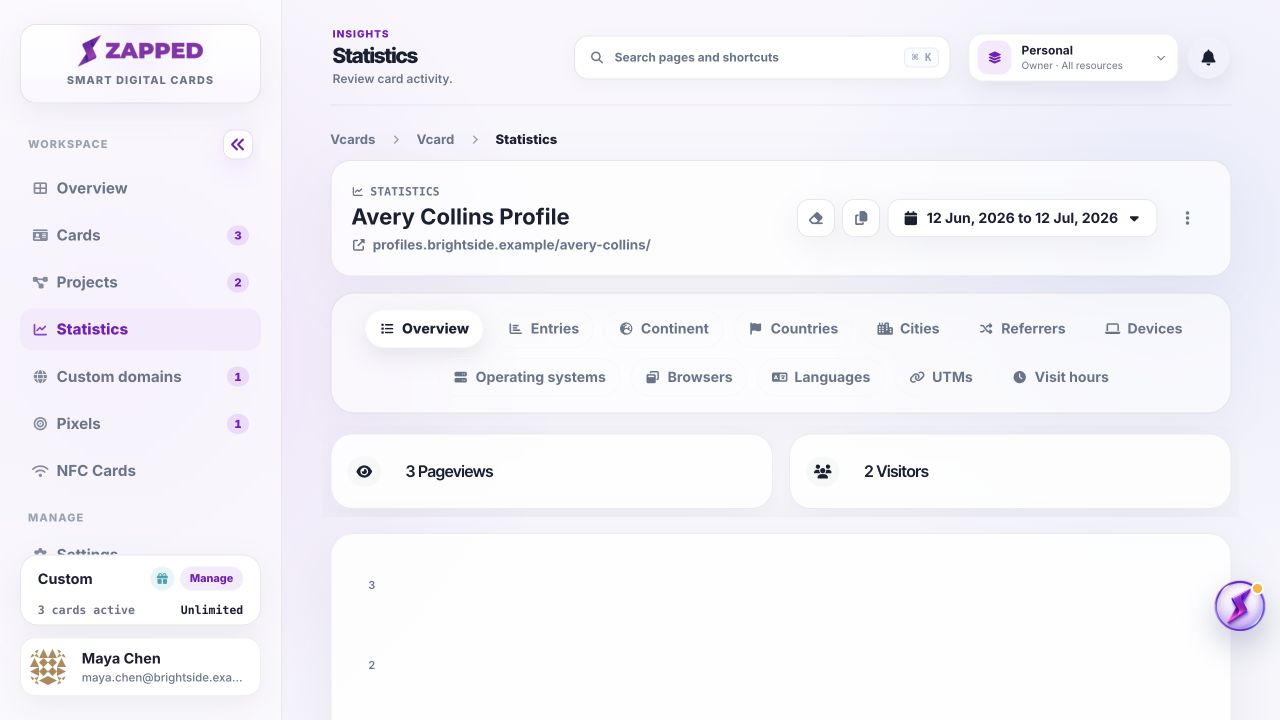 Fictional Zapped vCard statistics page with activity chart and entries.