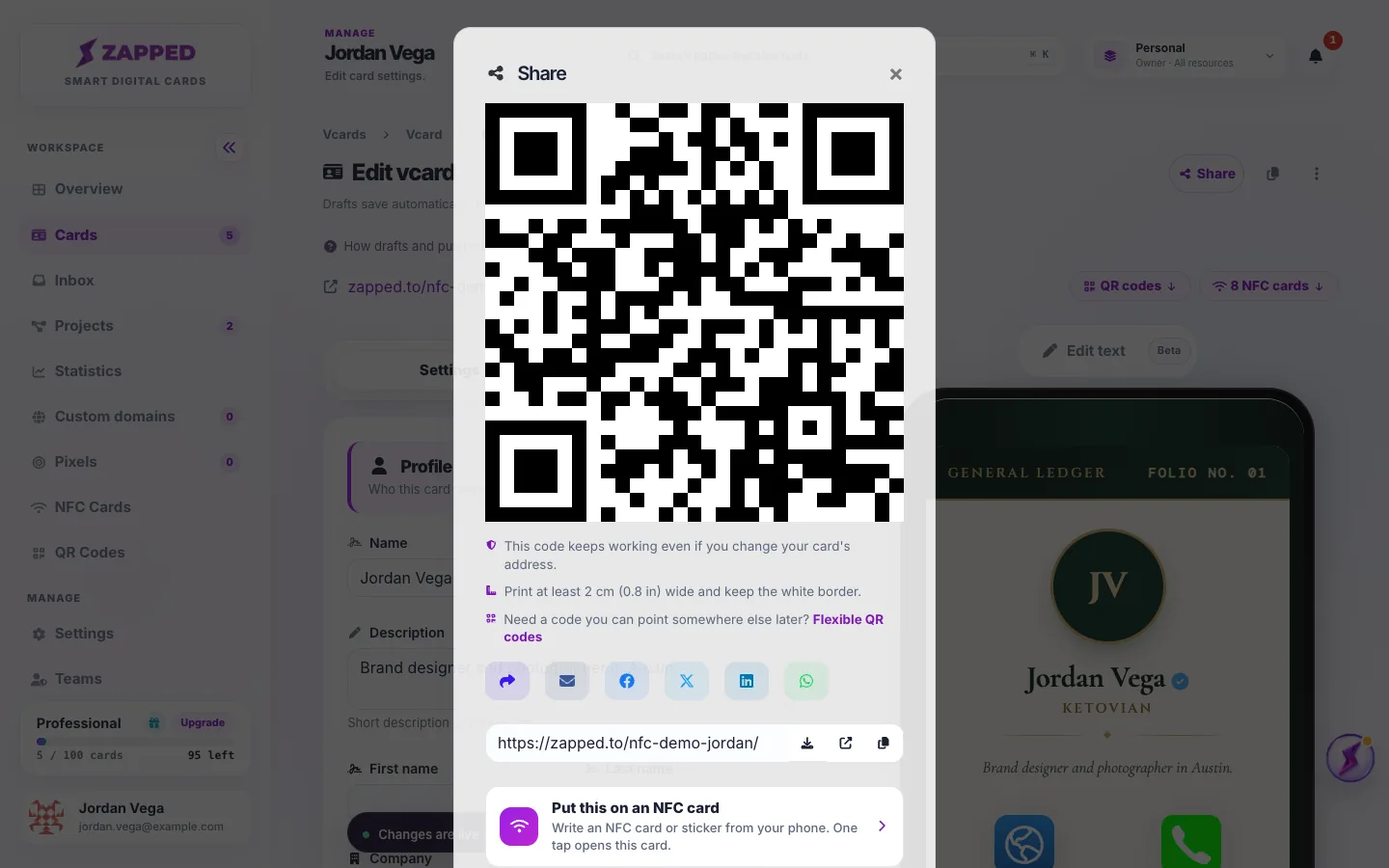 Fictional Share window for the card Jordan Vega, with its Main QR code, the print size line, the Flexible QR codes link, share buttons and the card address field.