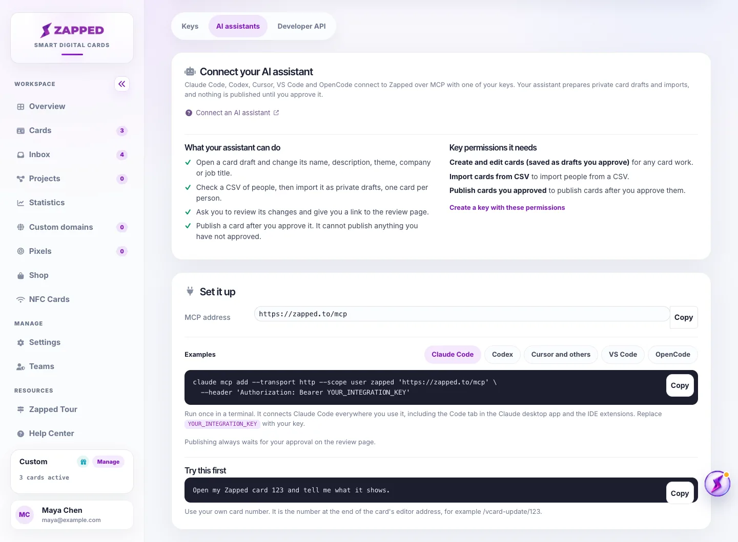 AI assistants tab with the Claude Code example selected and a YOUR_INTEGRATION_KEY placeholder