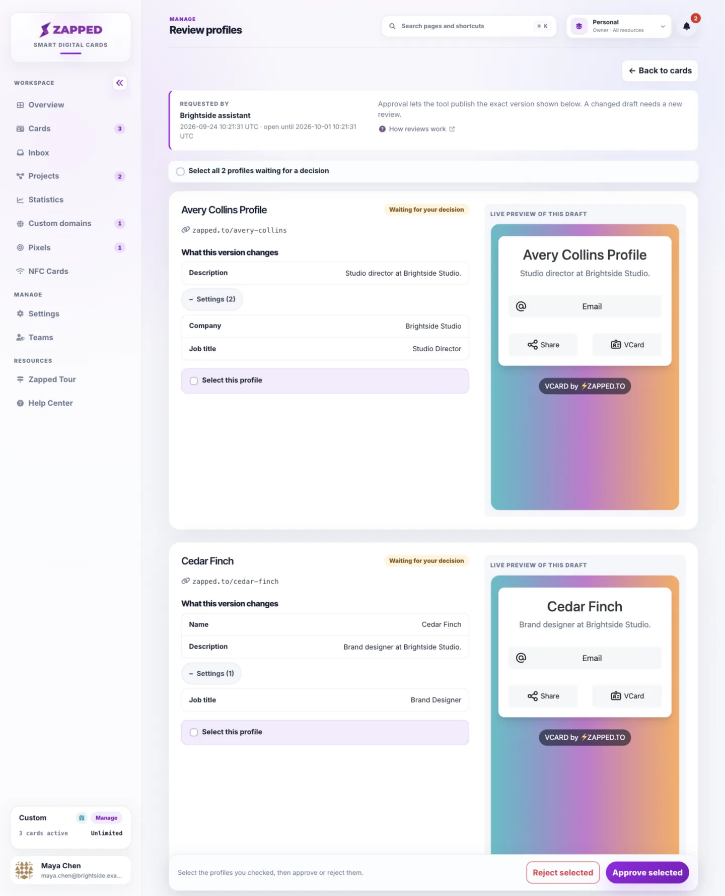 Review page with two fictional profiles showing ordinary field changes and live previews.