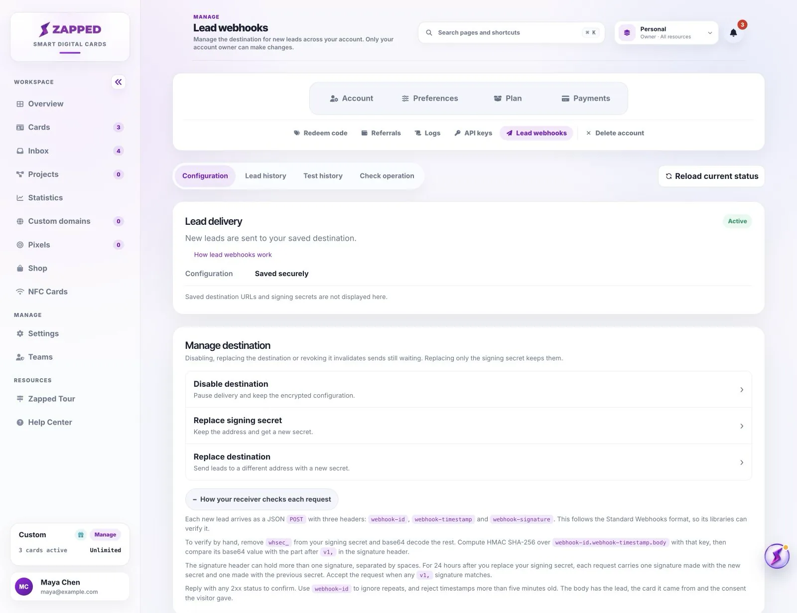 Lead webhooks Configuration tab with an Active destination and the receiver verification guide open