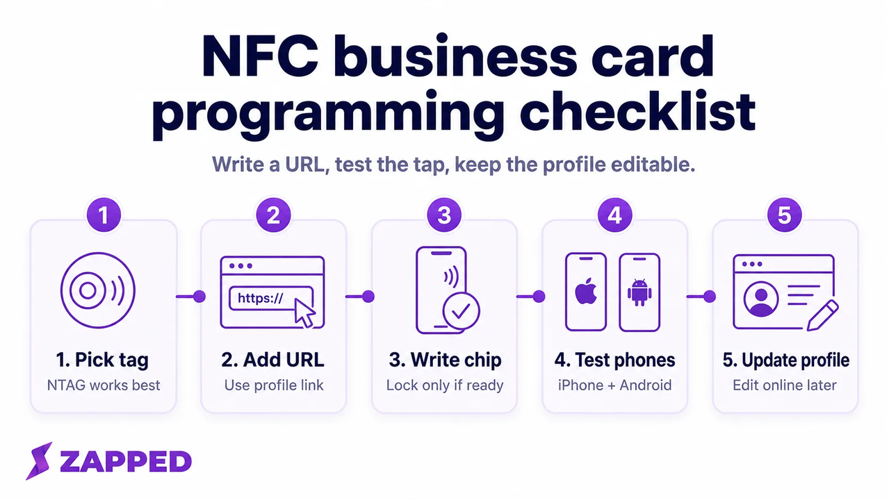 NFC business card programming checklist showing tag selection, URL writing, phone testing, and profile updates.