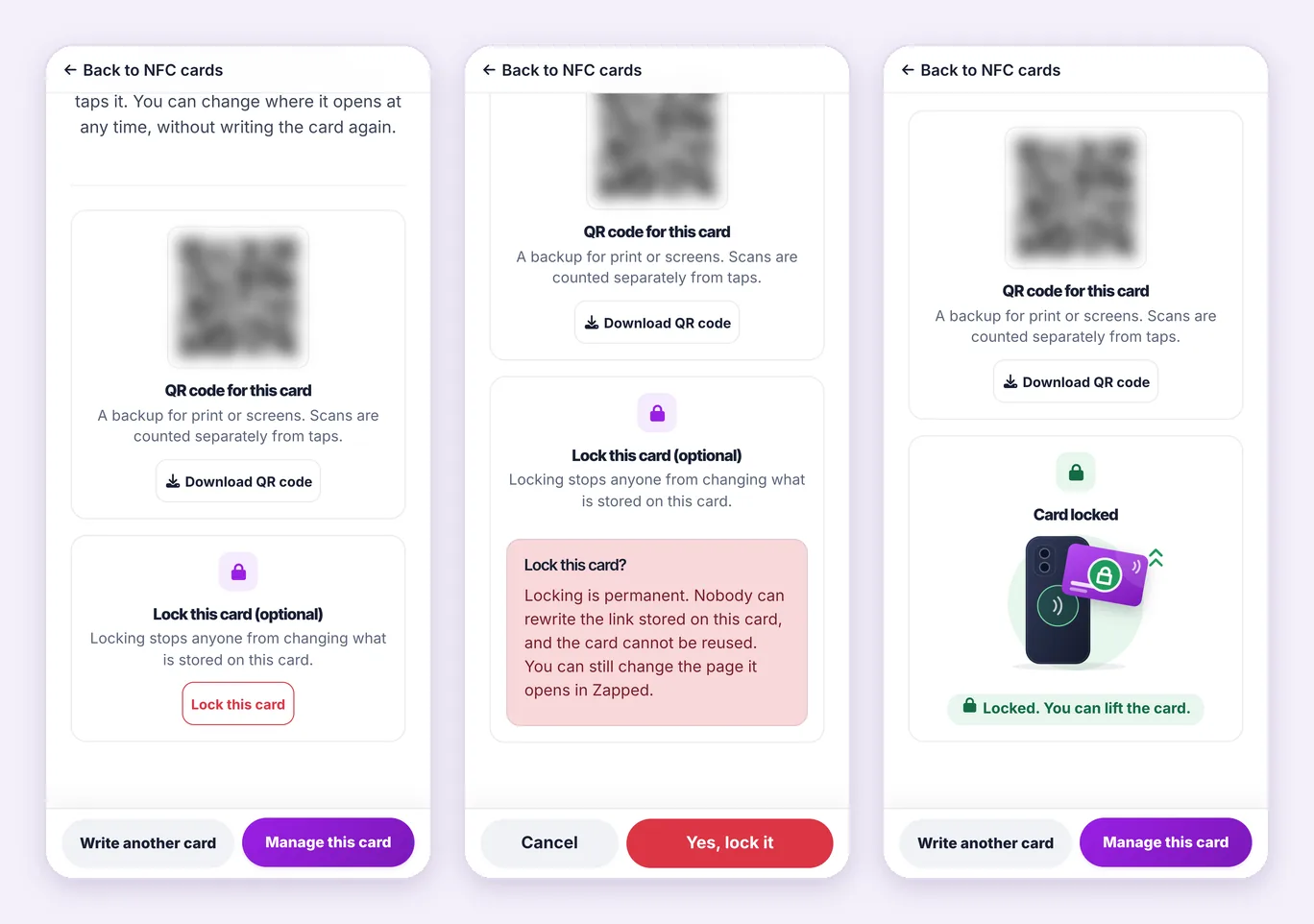 Fictional Done step on an Android phone in three screens: Lock this card (optional), the Lock this card? warning with Yes, lock it, and Card locked.