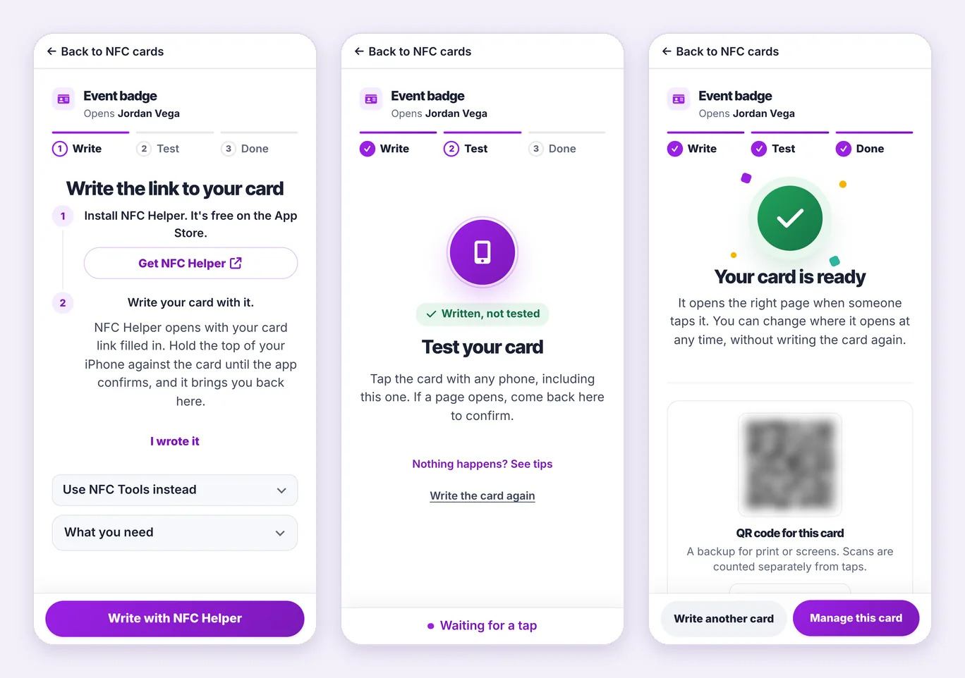 Fictional setup of an NFC card named Event badge on an iPhone, in three screens: the Write step with Write with NFC Helper, the Test step waiting for a tap, and Your card is ready with Manage this card.
