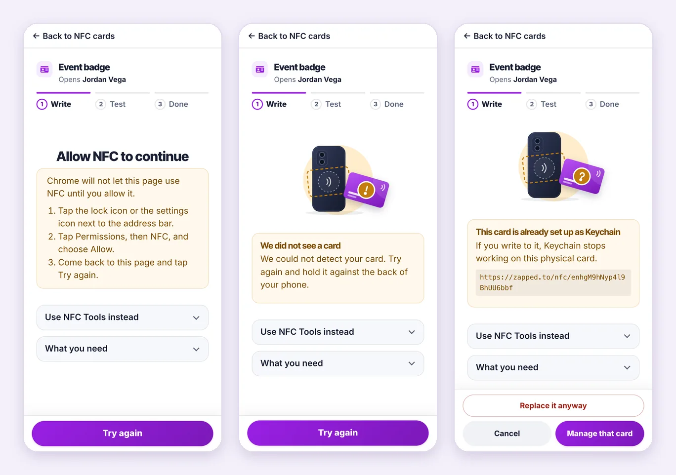 Fictional setup of an NFC card named Event badge on an Android phone, in three screens: Allow NFC to continue, We did not see a card, and This card is already set up as Keychain.