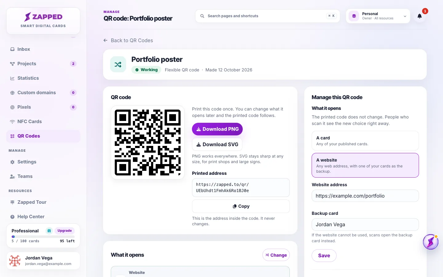 Fictional Flexible QR code page named Portfolio poster, with the code preview, Download PNG and Download SVG, the printed address, the website it opens with its backup card, and the code actions.