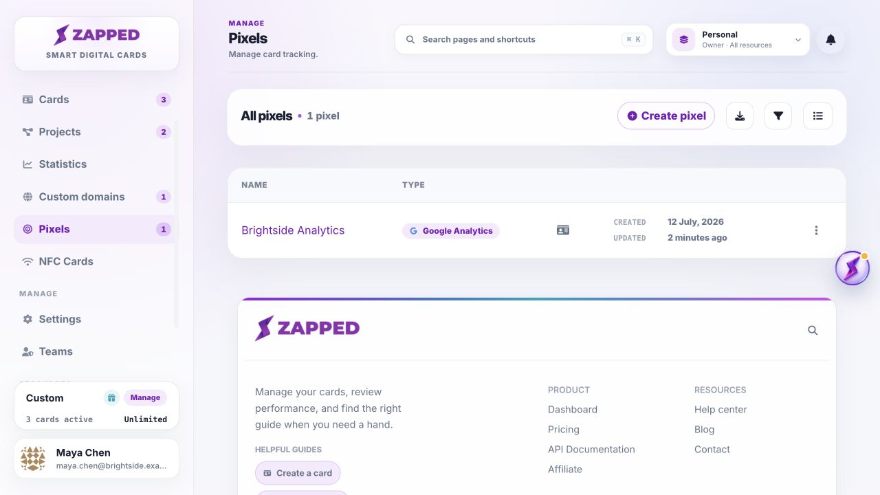 Fictional Pixels page showing a Brightside Analytics tracking record.