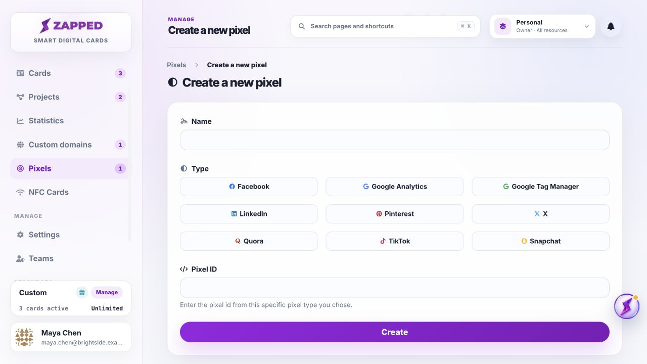 Fictional Create Pixel form with type choices and a fictional tracking identifier.