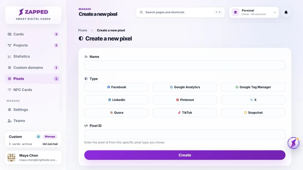 Fictional Create Pixel form with type choices and a fictional tracking identifier.
