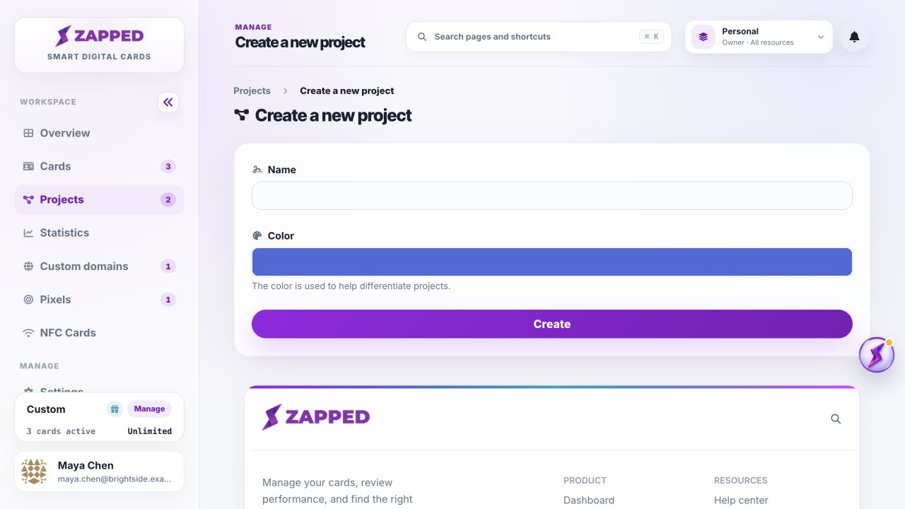 Fictional Zapped Create Project form with a project name and color choice.