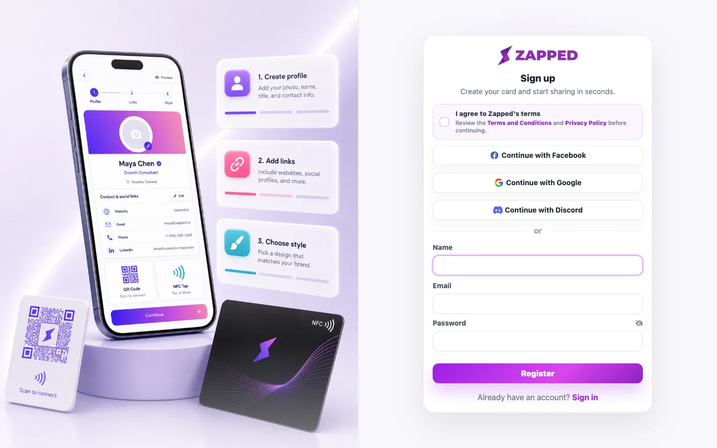 Fictional Zapped account registration form.