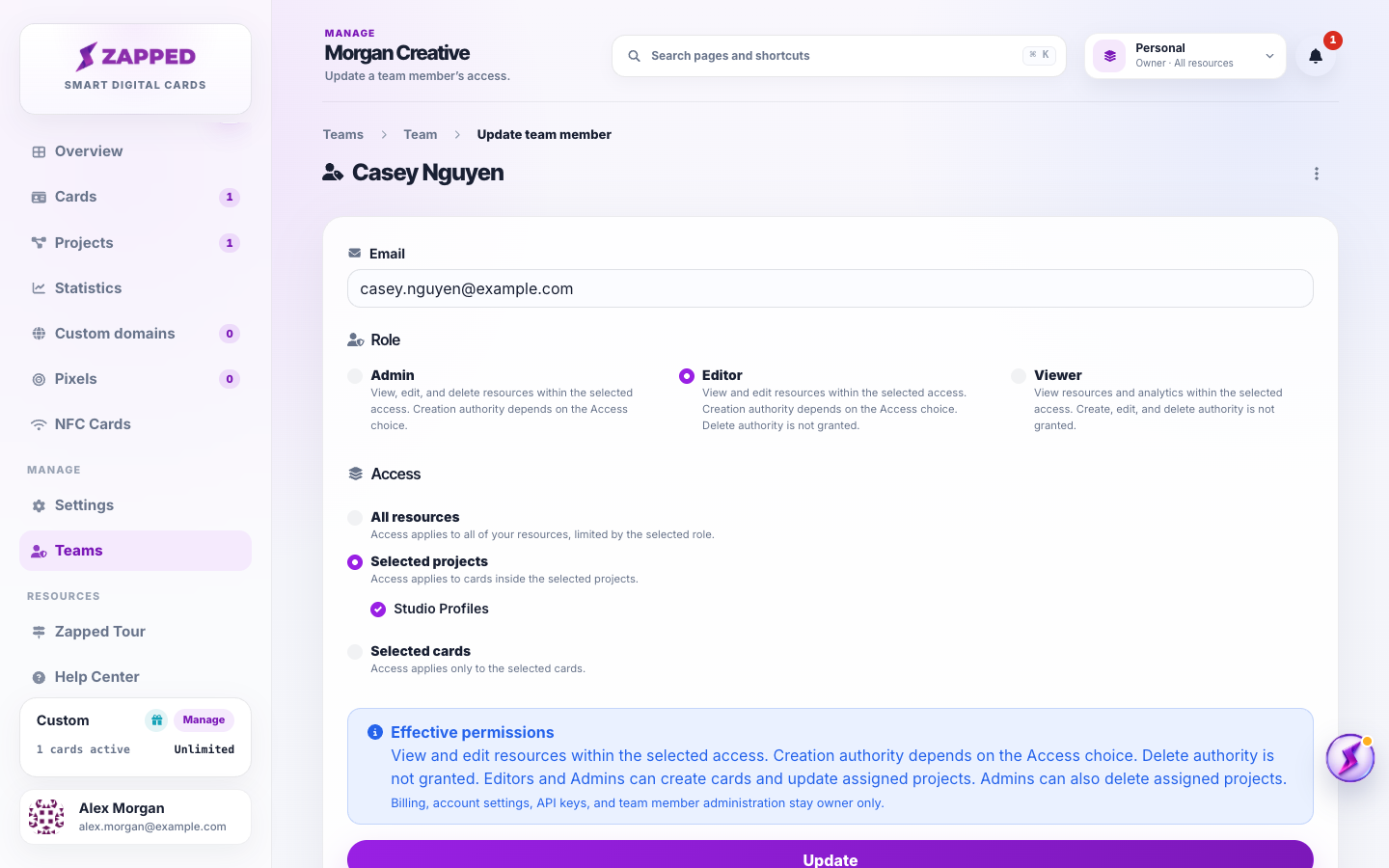 Zapped team member form for Casey Nguyen with the Editor role and Selected projects access to Studio Profiles
